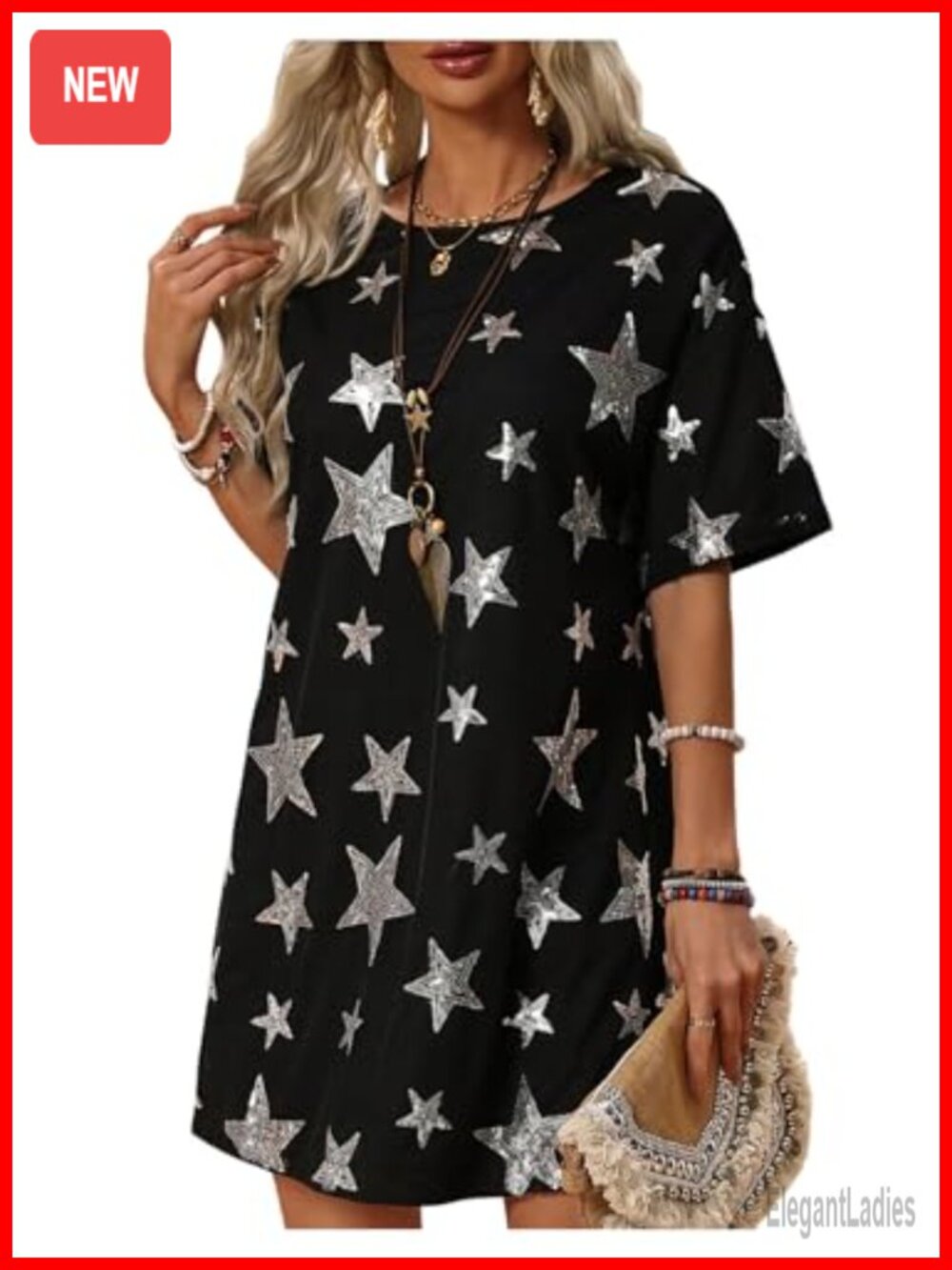 Sequin Star Short Sleeve Shift Dress Crew Neck Drop Shoulder Y2K Concert